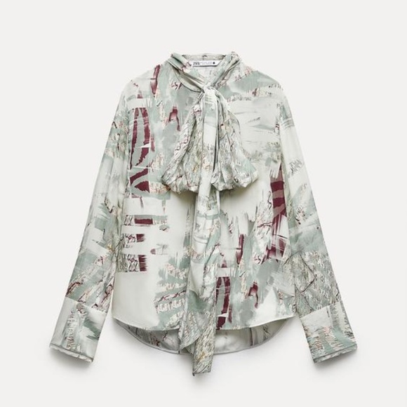 Zara ZW Collection Printed Tied Shirt Blouse Green Burgundy Mulicolored Small - Picture 5 of 11
